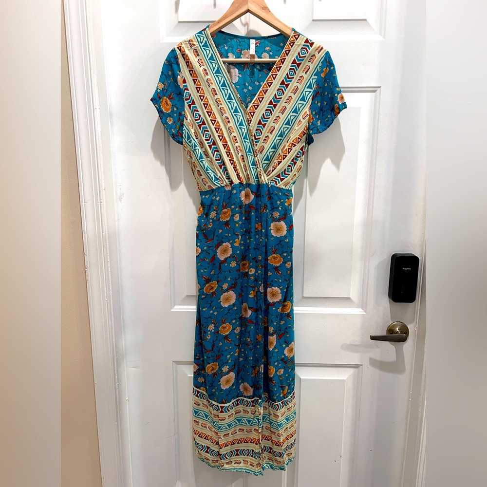 Lapis Green Gold Flutter Sleeve Maxi Dress Large